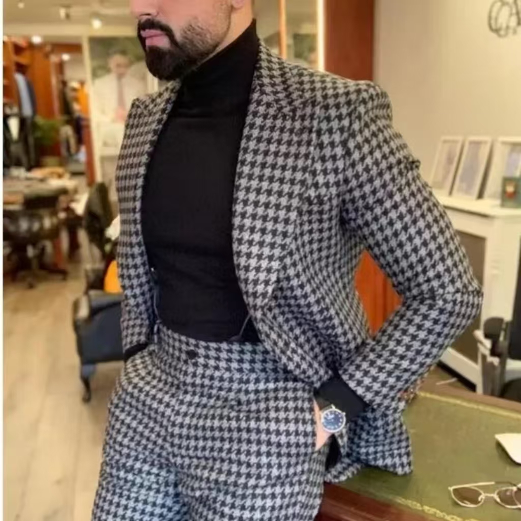 Houndstooth Vintage Men's Suit - Men Formal Wear With Blazer 评论和价格
