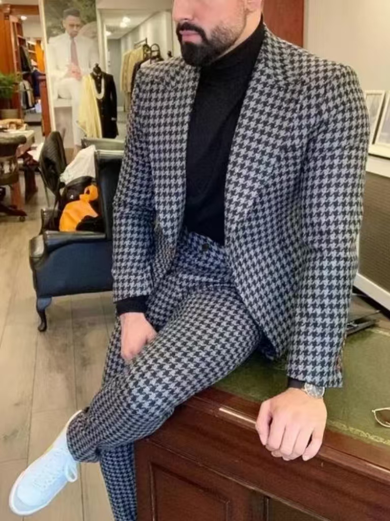 Houndstooth Vintage Men's Suit - Men Formal Wear With Blazer 评论和价格