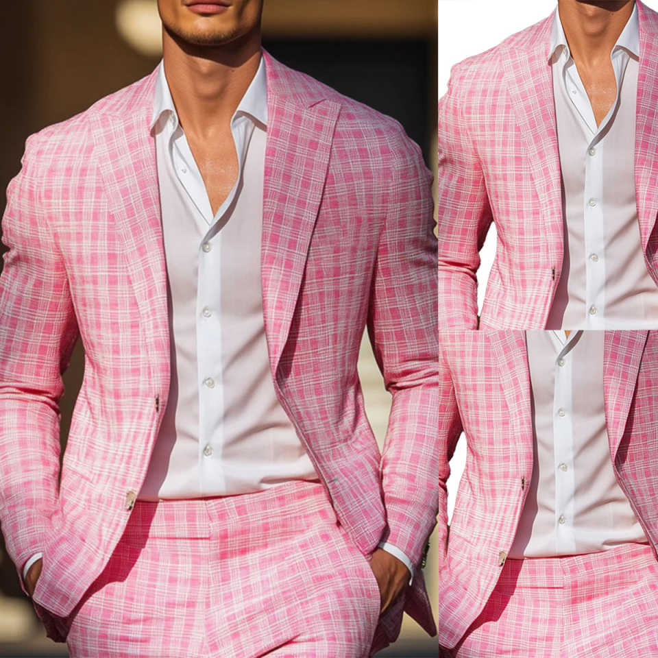 Summer Pink Plaid Mens Tuxedos - Men Formal Wear Pink 评论和价格