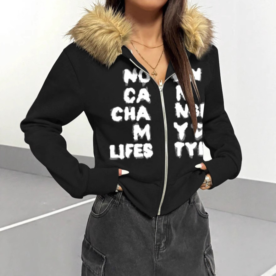 Full Zip Hoodie Fur Trim Hood  - Y2K Formal Wear Men 评论和价格