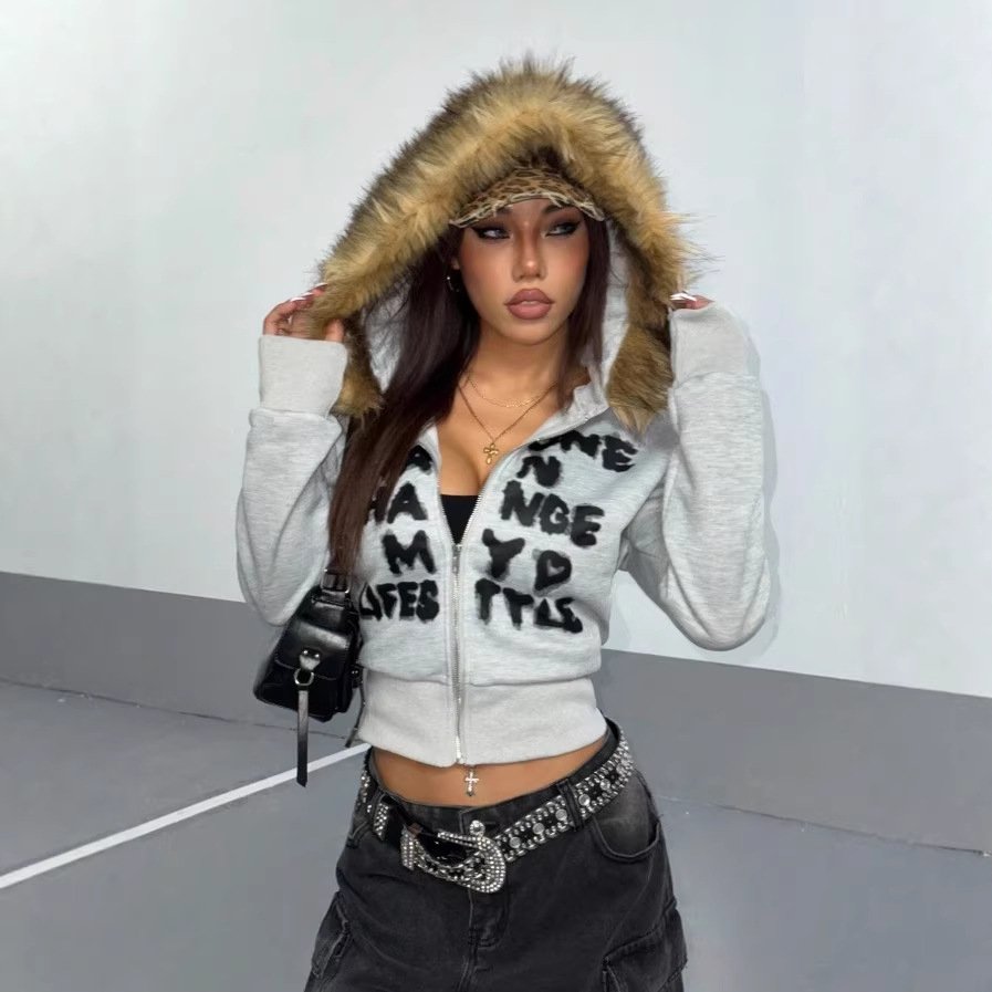 Full Zip Hoodie Fur Trim Hood  - Y2K Formal Wear Men 评论和价格