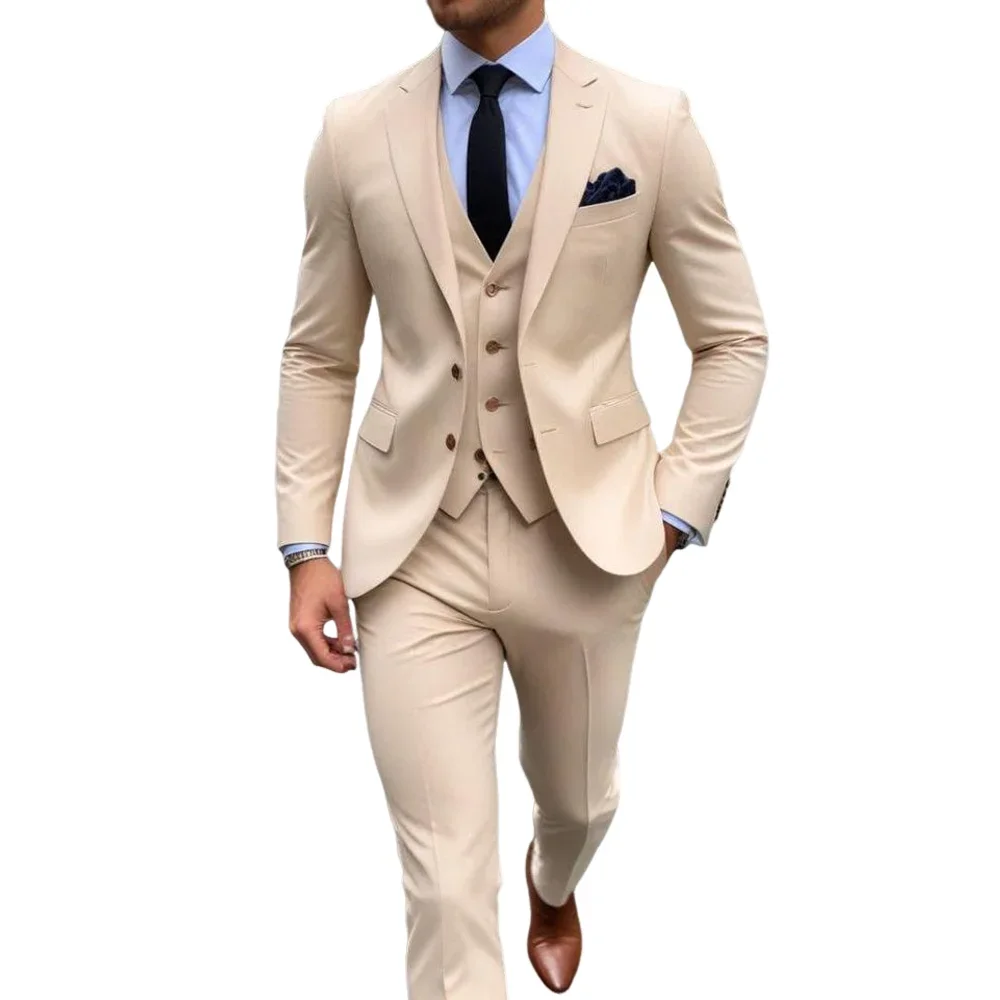 Men's Stylish Khaik 3 Piece Su - Men Formal Wear Shop 评论和价格